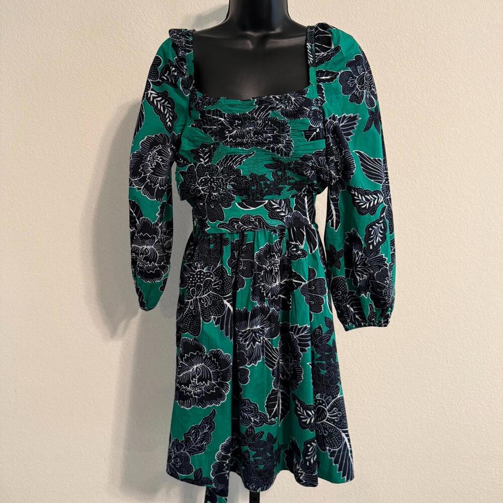 NWT Caroline Constas Green Floral Belted 100% Cotton Dress w/ Pockets - Size L